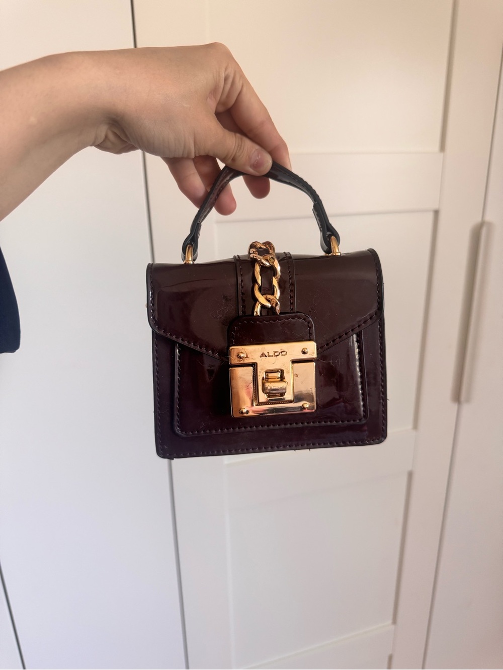 ALDO Mini Patent Top-Handle Bag in Dark Brown with Gold Hardware